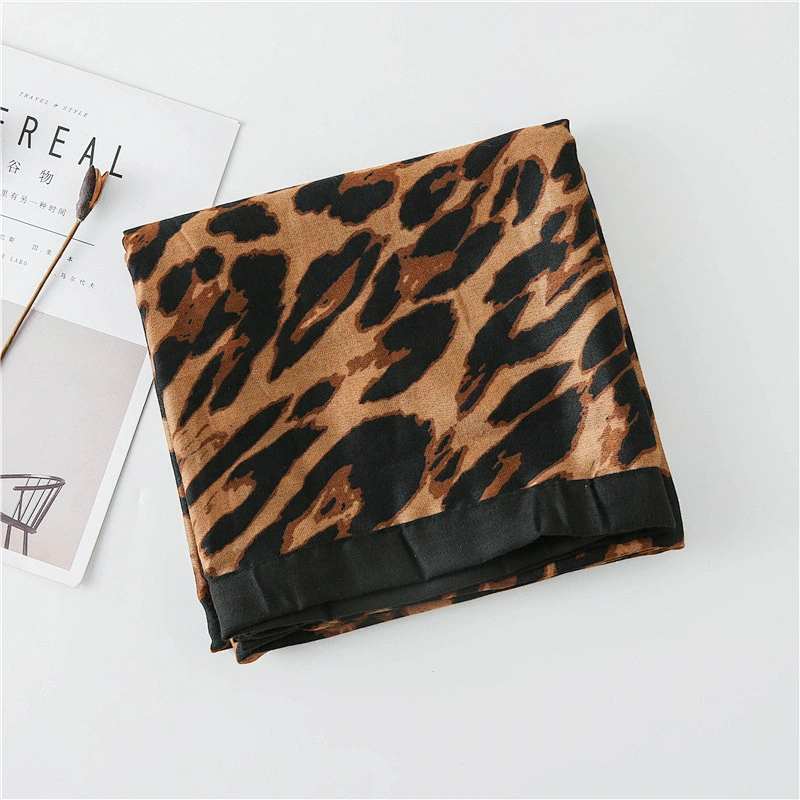 Autumn Winter Cotton And Linen Scarf Sexy Leopard Print Black Edge All-Inclusive Thick Double-Sided Big Shawl