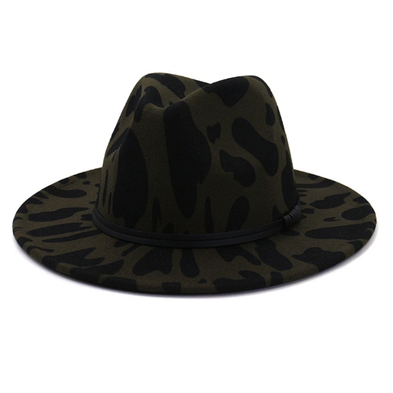 Autumn Winter Ladies Felt Leopard Print Wide Brimmed Felt Fedora Jazz Cap Panama Hat