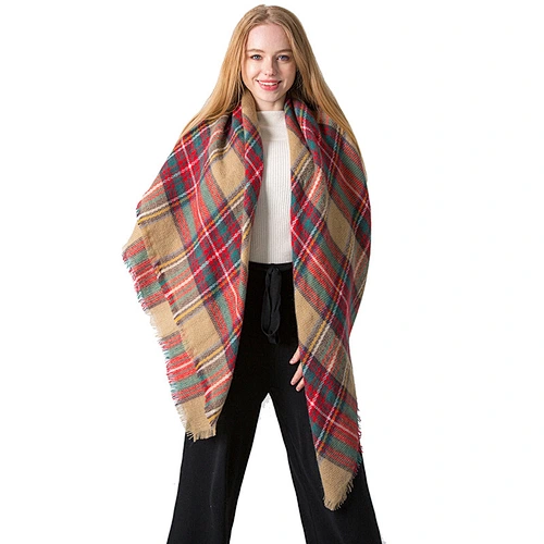 Factory Direct Europe America Autumn Winter Cashmere Double-Sided Colorful Plaid Square Scarf, Ladies Shawl Wholesale