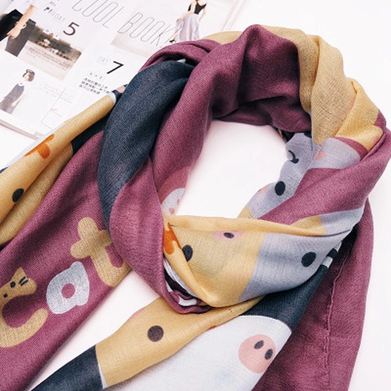 Spring and autumn childlike cute cat printed scarf female retro cotton and linen feel long shawl dual-use