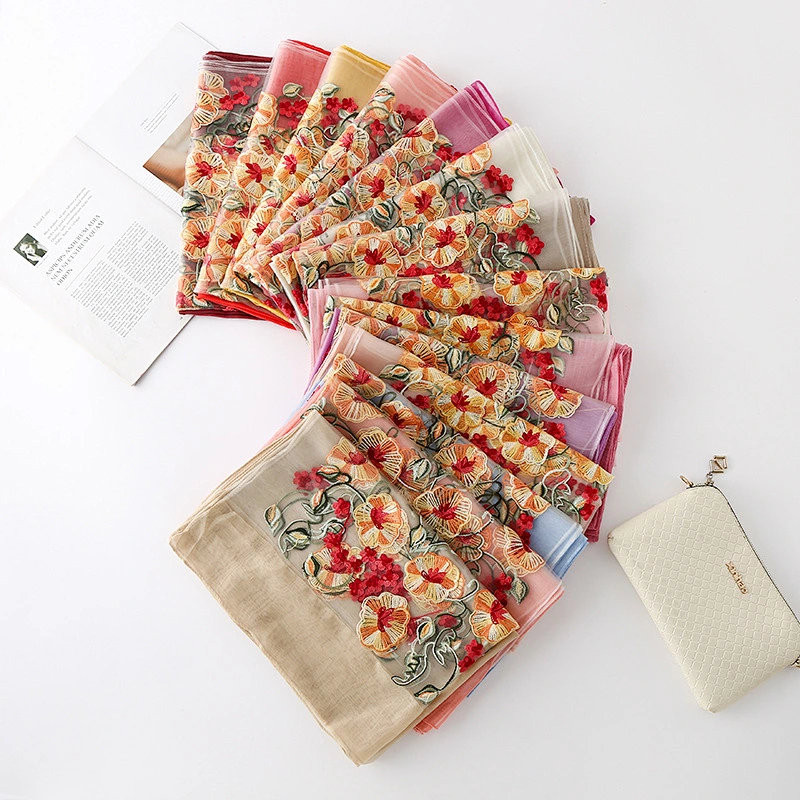 New solid color artificial silk morning glory embroidery sunscreen scarf female fashion wild floral embroidery scarf