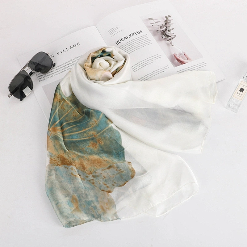 New Classic Lotus Oil Painting Scarves Women Thin Long Shawl Scarf Lady Autumn Printed Wraps Female Flower Hijab Stoles