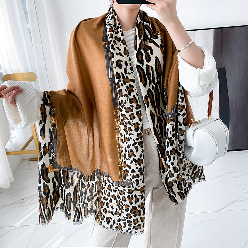 2020 Autumn Winter Thin Female Leopard Stitching Fashion Cotton Hemp Leopard Print Scarf Shawl