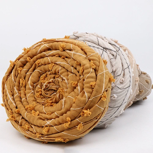 Hot-Selling Cotton Pure Color Plaid Wool Ball Scarf, Urban Style Shawl Women'S Casual Wrinkled Headscarf
