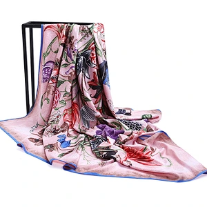Manufacturers selling Floral printed color contrast silk scarves large square scarf 90 * 90cm ladies shawl scarf