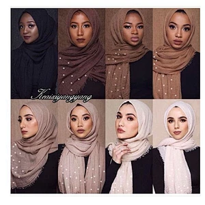 Hot Sale Women's Scarf Solid Color High Quality Fringe Pearl turkish plain crinkle cotton hijab  scarf