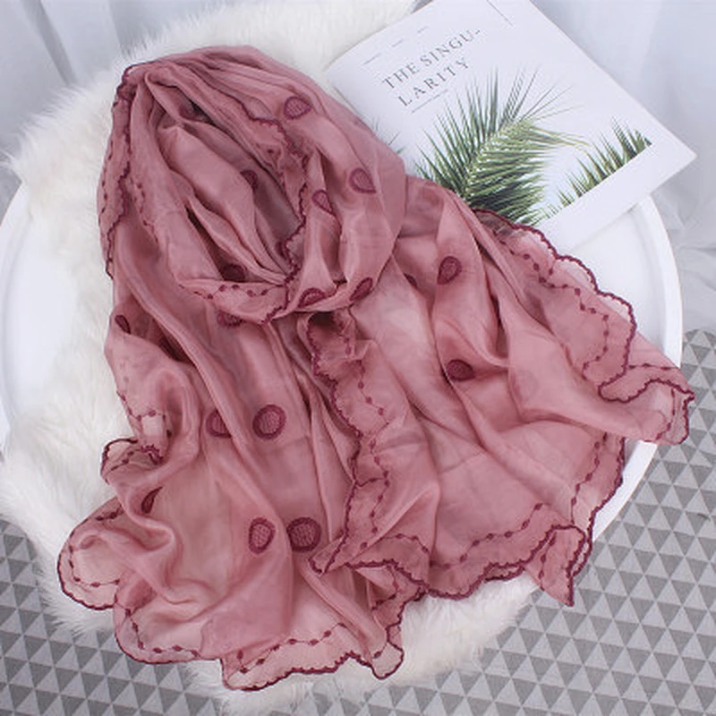 Spring and autumn wild solid color female polka dot embroidered long beach towel shawl scarf