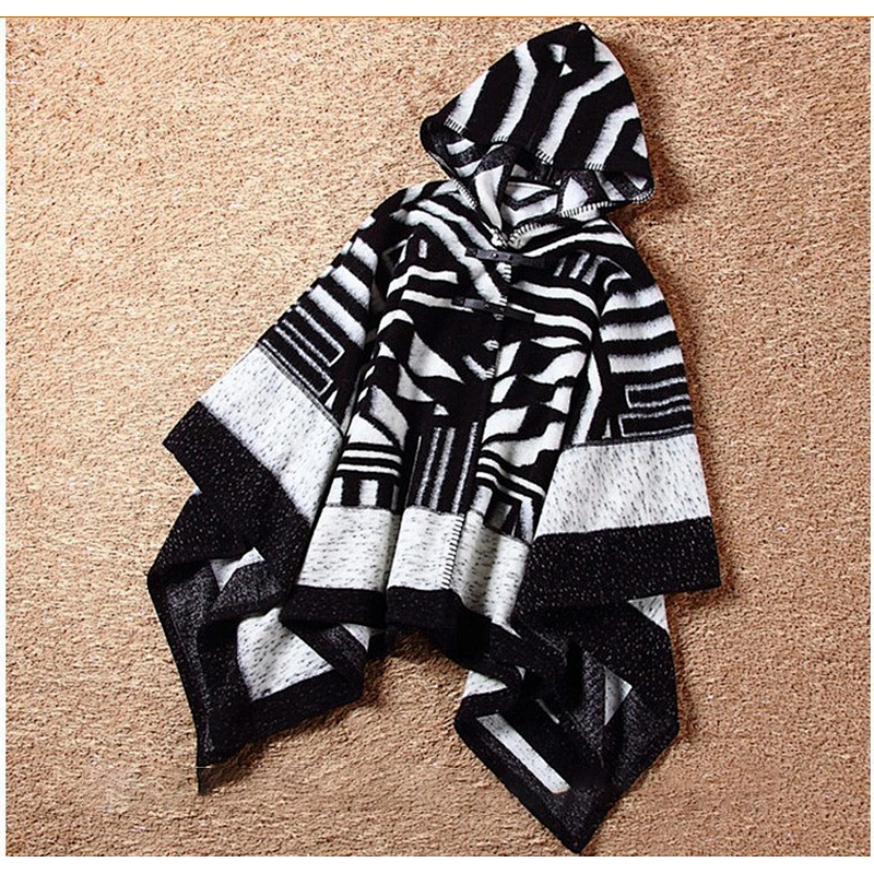 Woven Mohair Female Autumn Winter Thick Geometric Black White Hooded Cloak Shawl