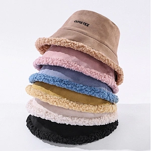 Ladies Suede Embroidered Logo Women Winter Double Sided Reversible Suede Bucket Hat