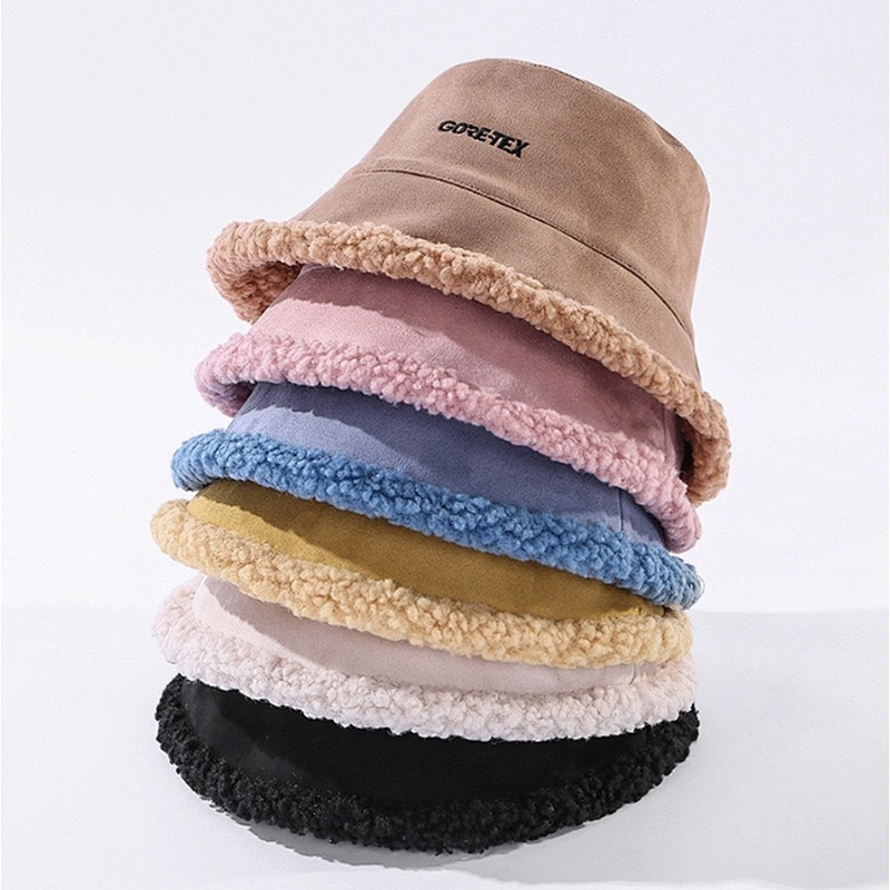 Ladies Suede Embroidered Logo Women Winter Double Sided Reversible Suede Bucket Hat