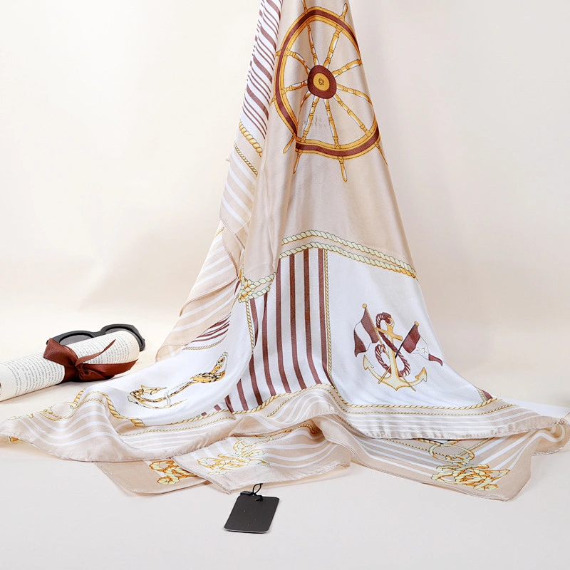 Spring new striped ladies scarf emulation silk satin navy wheel shawl travel scarf fashion beach towel