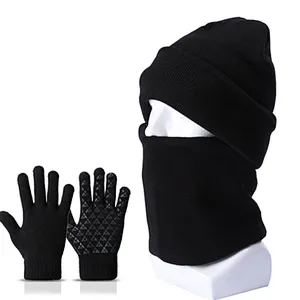 Unisex Knitted Warm Ski Winter Slouchy Outdoor Sports Acrylic Beanie Touch Screen Cap Scarf Hat Glove Sets