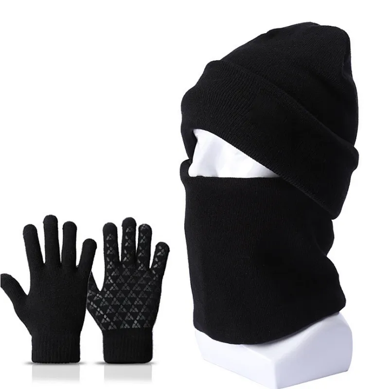 Unisex Knitted Warm Ski Winter Slouchy Outdoor Sports Acrylic Beanie Touch Screen Cap Scarf Hat Glove Sets