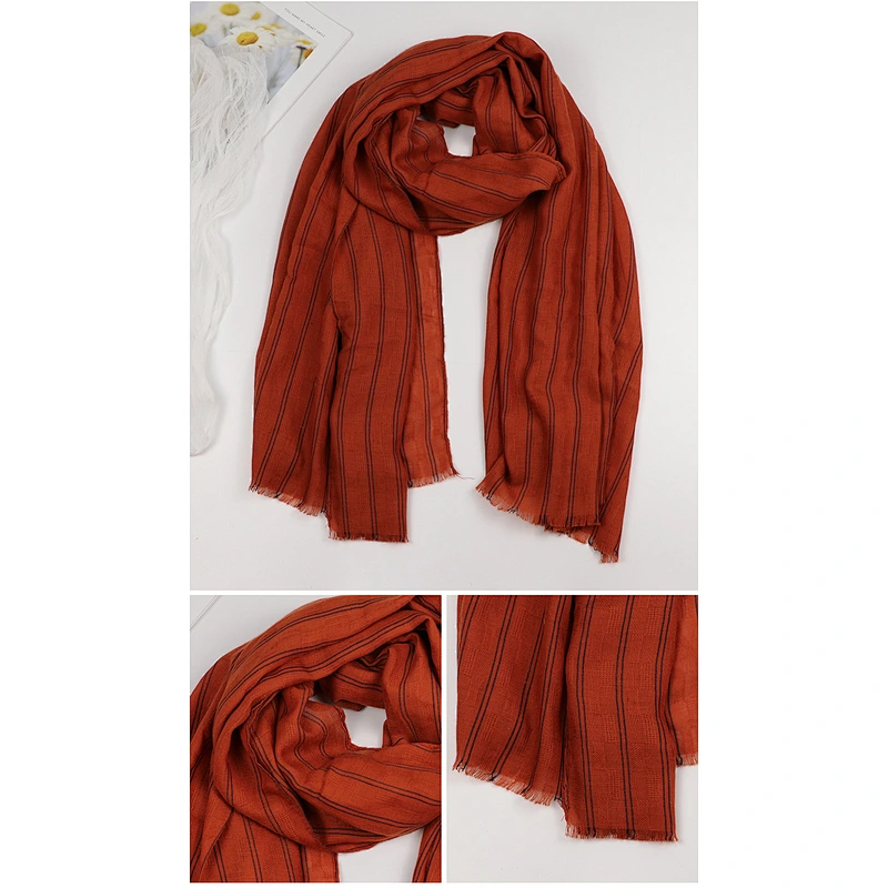 Autumn Winter Solid Color Striped Cotton Linen Scarf Lengthened Outdoor Warmth National Shawl