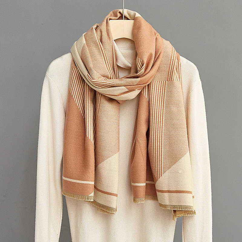 American New Geometric Blue Beige Cashmere Scarf Women'S Warmth Thick Jacquard Double-Sided Shawl