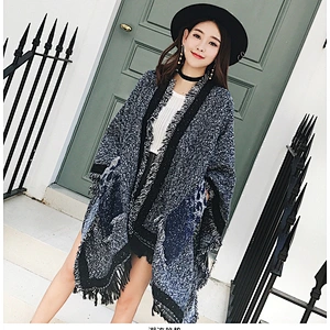 Korean Version New Womens Ladies Front Open Knit Poncho Cashmere Cloak Coats Shawl Wrap With Pockets