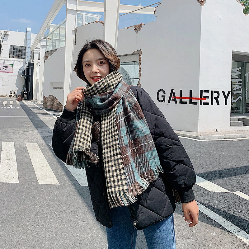 Autumn Winter New Thick Warm Double-Sided Fine Lattice Scarf Cashmere Women Printed Fringed Grid Scarf