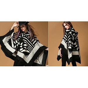 Woven Mohair Female Autumn Winter Thick Geometric Black White Hooded Cloak Shawl