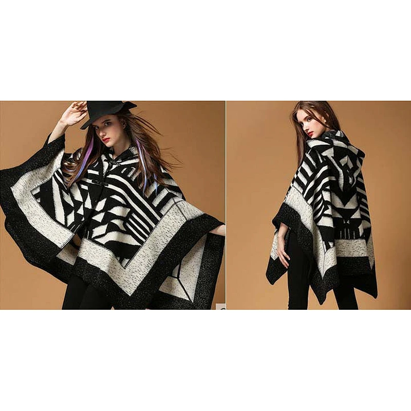Woven Mohair Female Autumn Winter Thick Geometric Black White Hooded Cloak Shawl