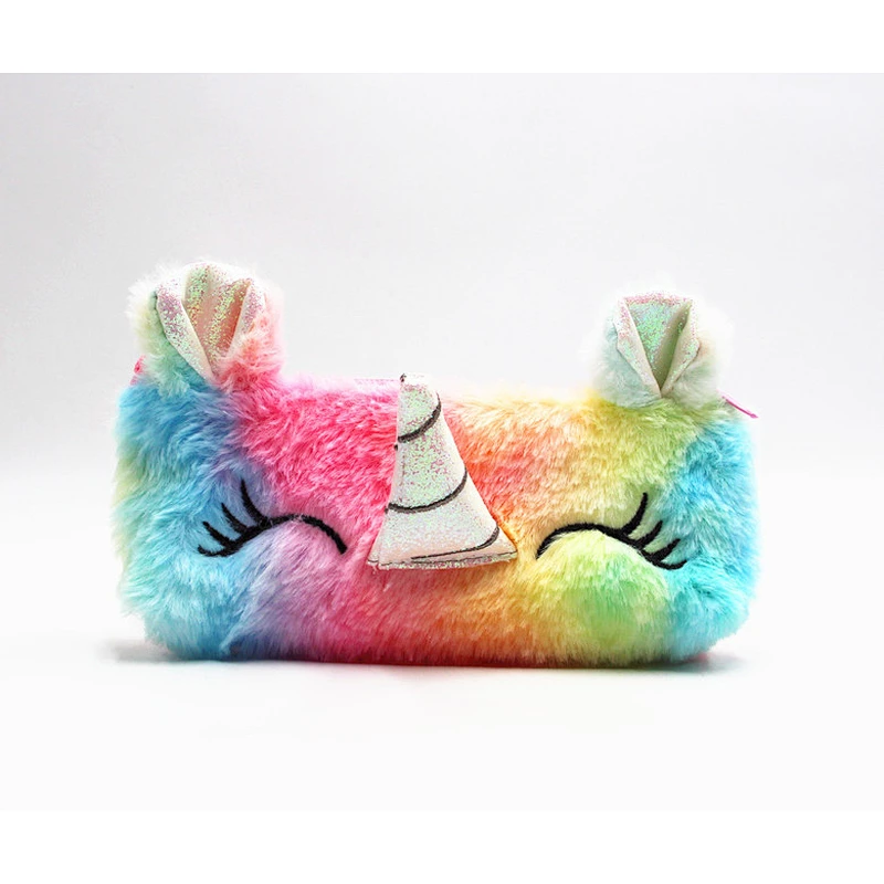 2020 Rainbow Color Plush Unicorn School Pencil Case Cute Pencil Pen Bag