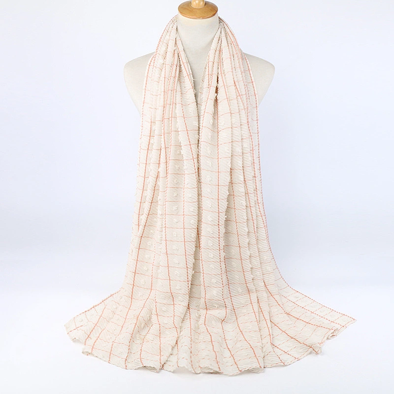 Hot-Selling Cotton Pure Color Plaid Wool Ball Scarf, Urban Style Shawl Women'S Casual Wrinkled Headscarf