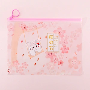 ins girl pink cherry blossom rabbit ring zipper file bag small fresh student storage bag stationery pencil bag