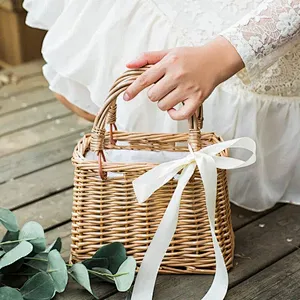 Rattan Flower Basket Handbag Korean Woven Vegetable Basket Cloth Lining Willow New Female Summer Bamboo Woven Bag