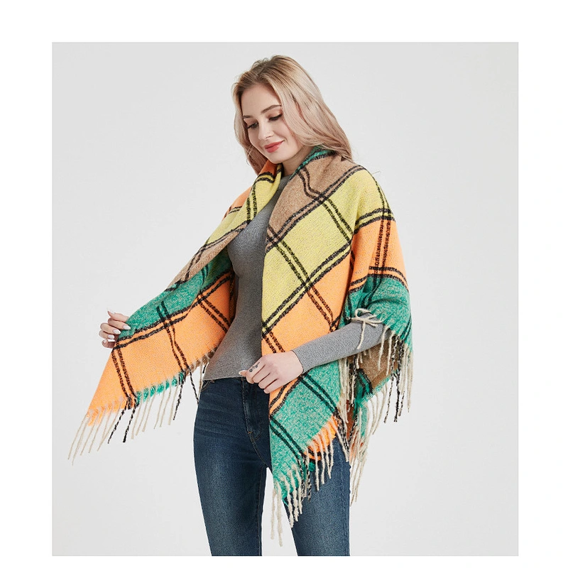 Fringed Scarf European American New Style 100% Polyester Coarse Bristles Plaid Square Scarf Thickening Ladies Shawl