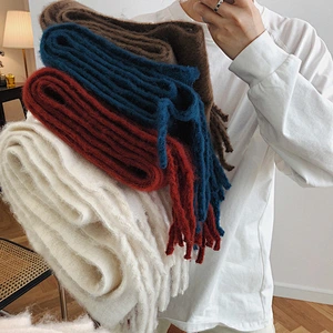 Solid Color Comfortable Mohair Padded Scarf Women Keep Warm Winter Double-Sided Long Shawl With Tassel