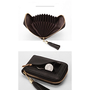 Grain Leather Card Holder Pocket Organ Card Case Zipper Wallets Coin Purse ID Window With Tassel