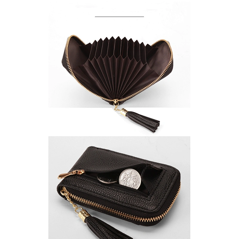 Grain Leather Card Holder Pocket Organ Card Case Zipper Wallets Coin Purse ID Window With Tassel