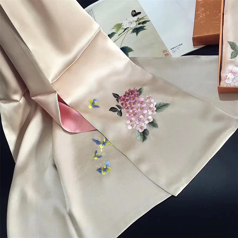 2020 Hot-Selling Embroidered Silk Scarf Gift 35*155CM Handmade Double Layer Embroidered Silk Scarf