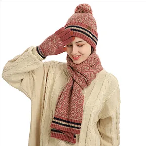 New Winter Knit Hat New Jacquard Print Warm Acrylic Hat Scarf Touch Screen Gloves 3 Pieces Set