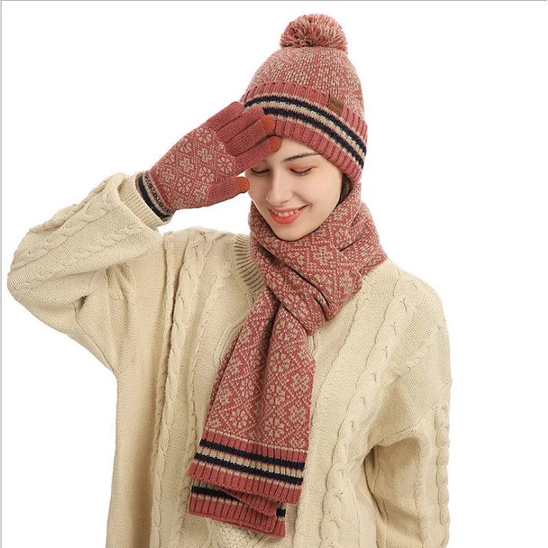 New Winter Knit Hat New Jacquard Print Warm Acrylic Hat Scarf Touch Screen Gloves 3 Pieces Set