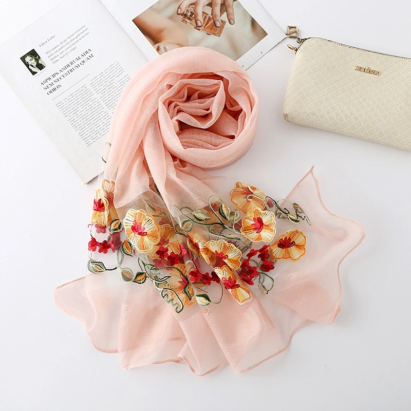 New solid color artificial silk morning glory embroidery sunscreen scarf female fashion wild floral embroidery scarf