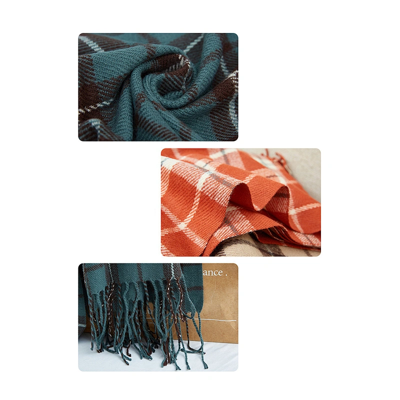 New Girls Winter Thick Warm Long Plaid Scarf Cashmere Tassel Simple Double-Sided Plaid Scarf