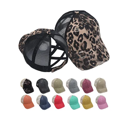 Custom Design Outdoor Baseball Cap Mesh Cap Leopard Girl Trucker Cotton Distressed Washed Mesh Hat