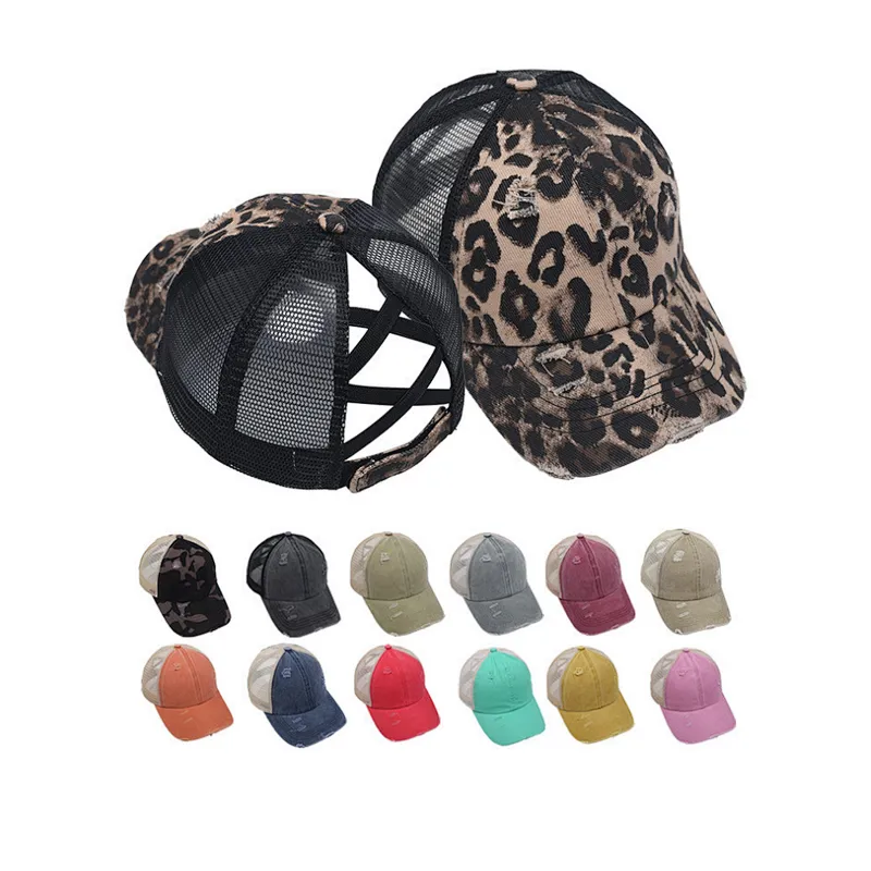 Custom Design Outdoor Baseball Cap Mesh Cap Leopard Girl Trucker Cotton Distressed Washed Mesh Hat