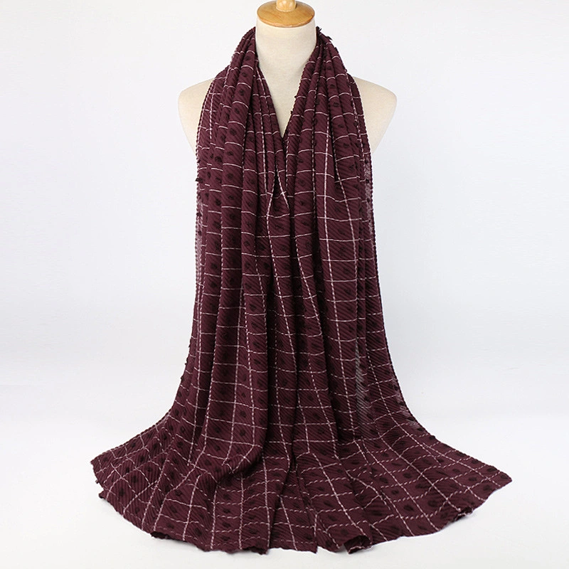 Hot-Selling Cotton Pure Color Plaid Wool Ball Scarf, Urban Style Shawl Women'S Casual Wrinkled Headscarf