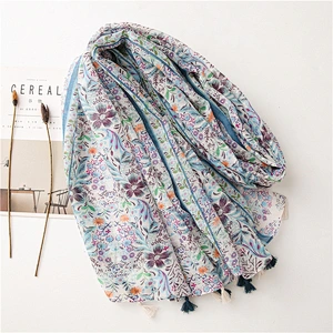 2020 Original Gauze Sunscreen Shawl Small Fresh Plant Flower Printing Cotton And Linen Feel Fringed Scarf