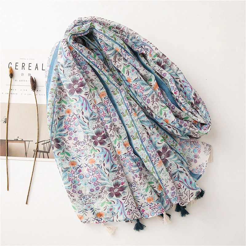 2020 Original Gauze Sunscreen Shawl Small Fresh Plant Flower Printing Cotton And Linen Feel Fringed Scarf