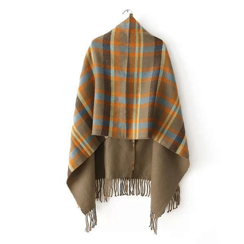 Wholesale Cashmere Scarves Female Ladies Cloak Shawl Winter Dual-Use Thick Tassel Plaid Button Scarf