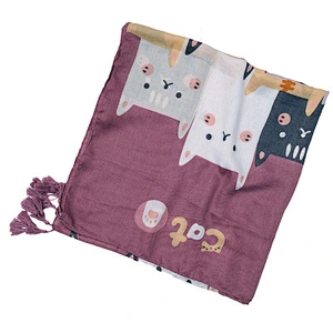 Spring and autumn childlike cute cat printed scarf female retro cotton and linen feel long shawl dual-use