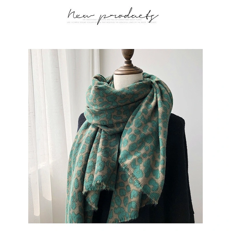 Western Style Avocado Green Scarf Women Winter Korean Wild Leopard Print Long Thick Shawl