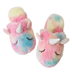 Warm Indoor Gradient Color Cartoon Slippers Fluffy Slippers Plush Sweet Unicorn Baby Girls Shoes