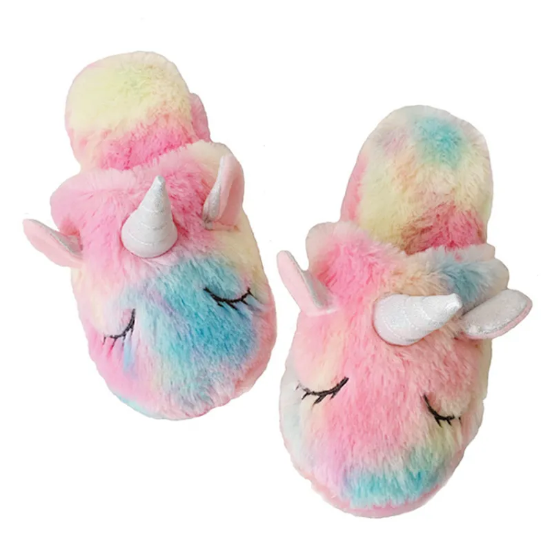 Warm Indoor Gradient Color Cartoon Slippers Fluffy Slippers Plush Sweet Unicorn Baby Girls Shoes