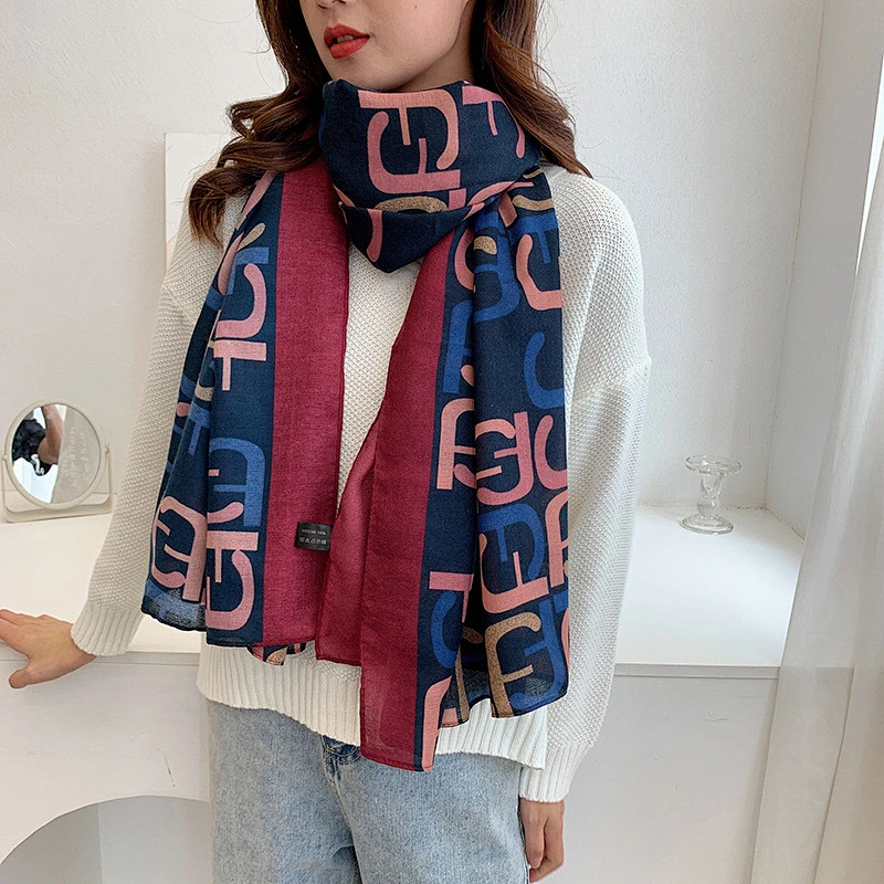 Stock Wholesale Summer New Cotton And Linen Letter Printing Sunscreen Scarf Female Messy Linen Shawl
