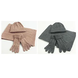 New Winter Knit Hat New Cable Warm  Soft Wool Hat Scarf  Gloves 3 Pieces Set