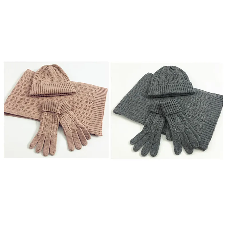 New Winter Knit Hat New Cable Warm  Soft Wool Hat Scarf  Gloves 3 Pieces Set