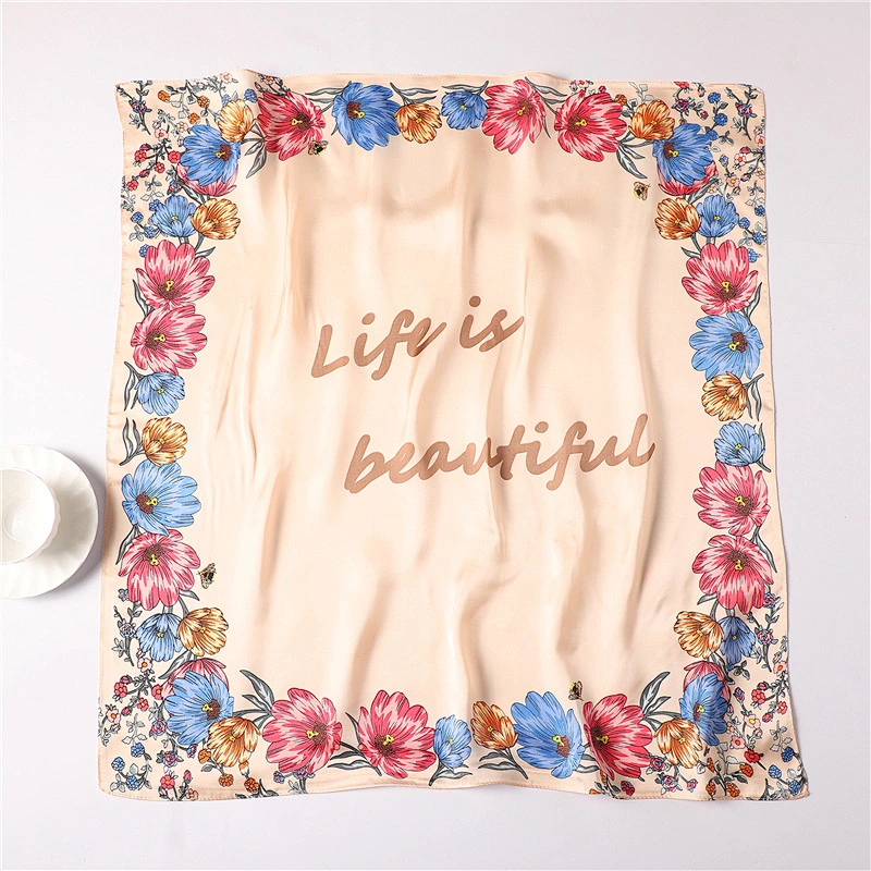 Spring and summer thin female flower letter printed fashion wild simulation silk small square scarf